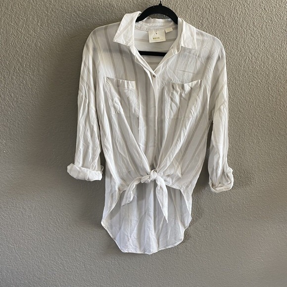 Maeve Sandbridge Anthropologie Button Down Blouse Tie Front White Tan XS - Picture 2 of 11